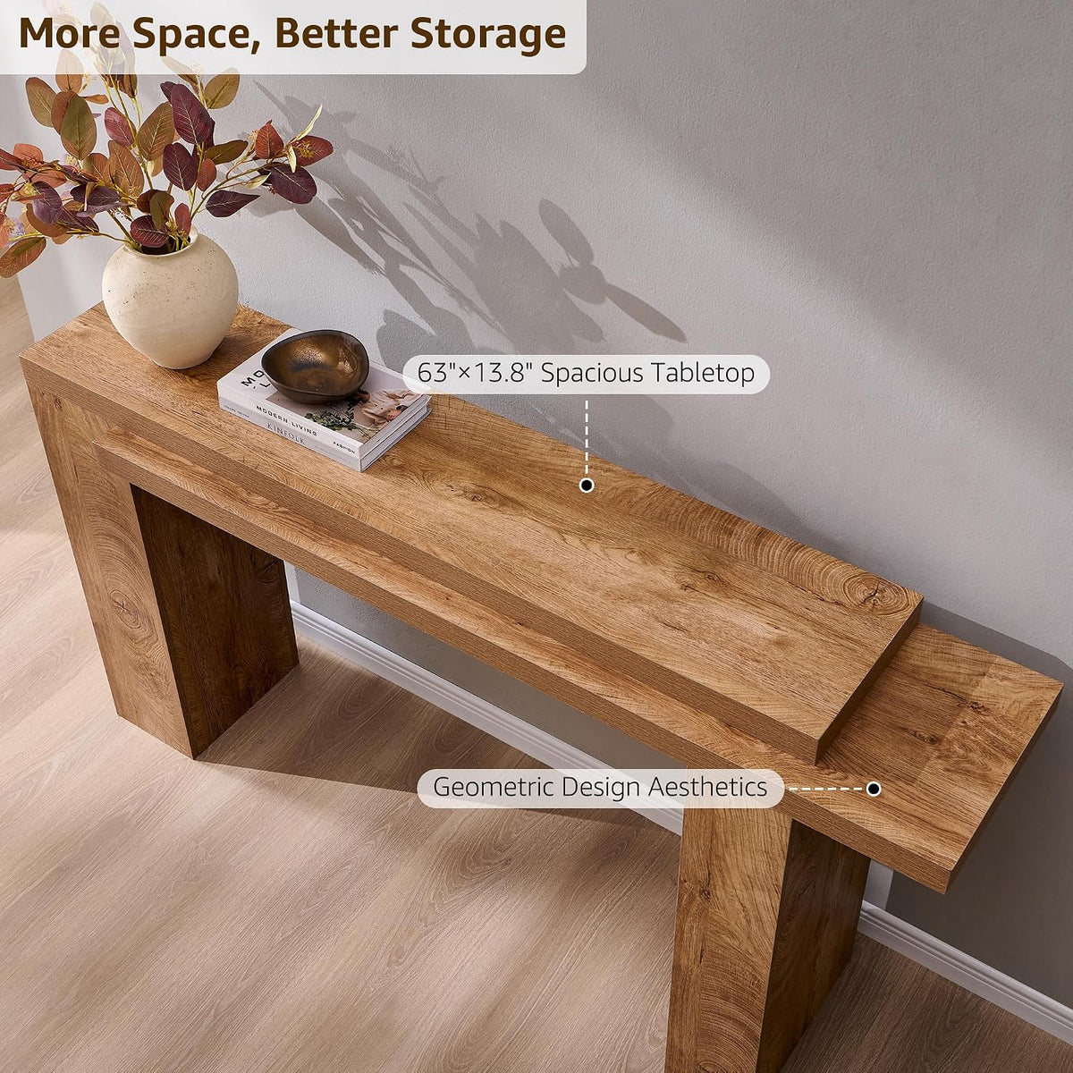 Top-down angled view showing the 63" x 13.75" spacious tabletop and geometric layering in wood finish