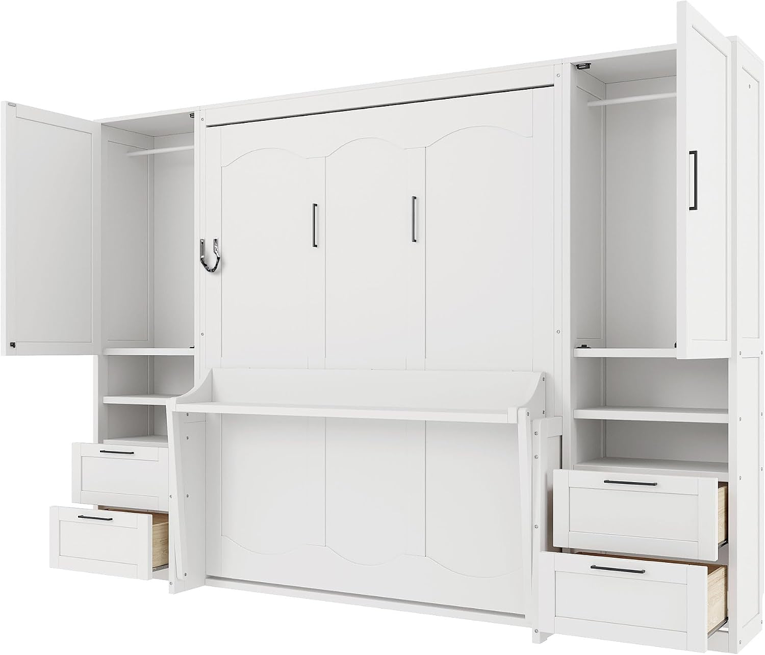 Front view of white wall bed with desk folded down, open side cabinets and two drawers partly pulled out.