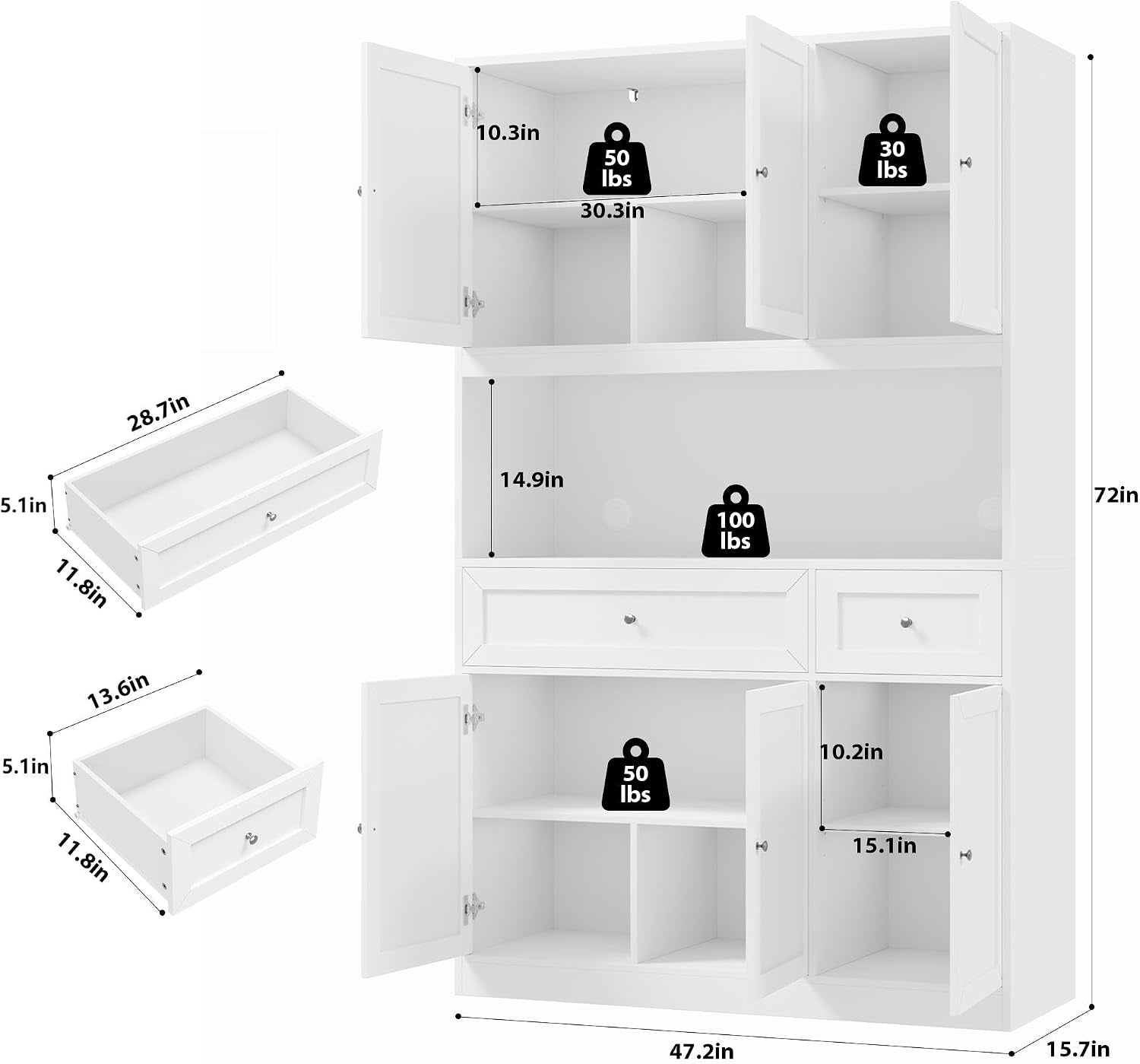 Diagram of pantry hutch interior with labeled compartment heights, drawer outlines and load-capacity icons
