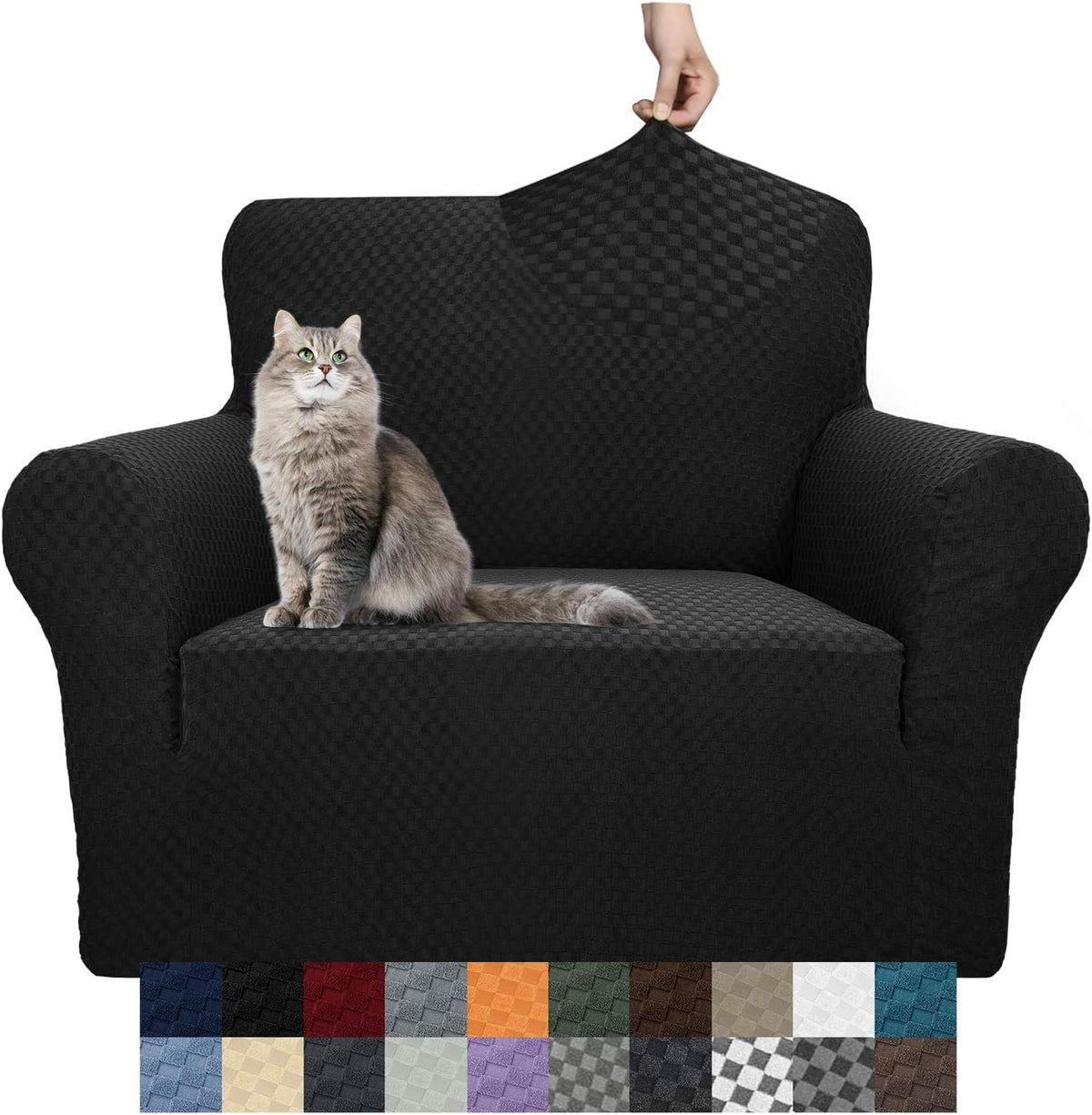 Black armchair-style cover shown front-on with a gray long-haired cat seated and a row of color swatches below