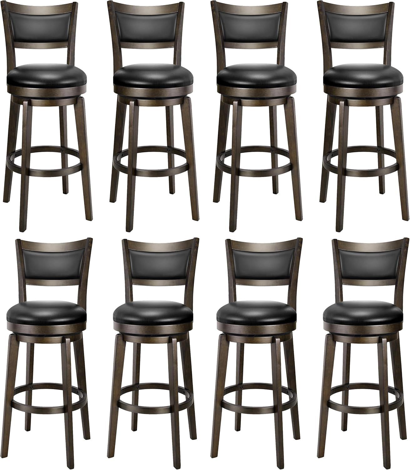 Twelve identical high-back bar stools with dark wood frames and black padded seats arranged in a grid on white background.