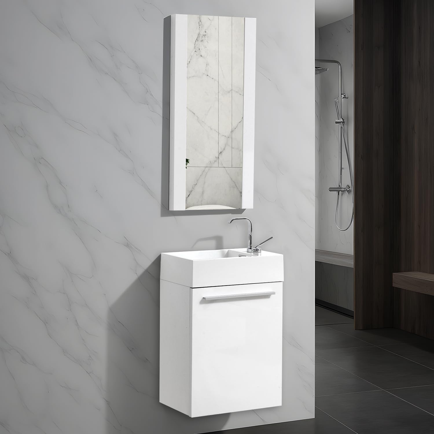 Front view of a compact white floating vanity and integrated rectangular sink beneath a mirrored cabinet.