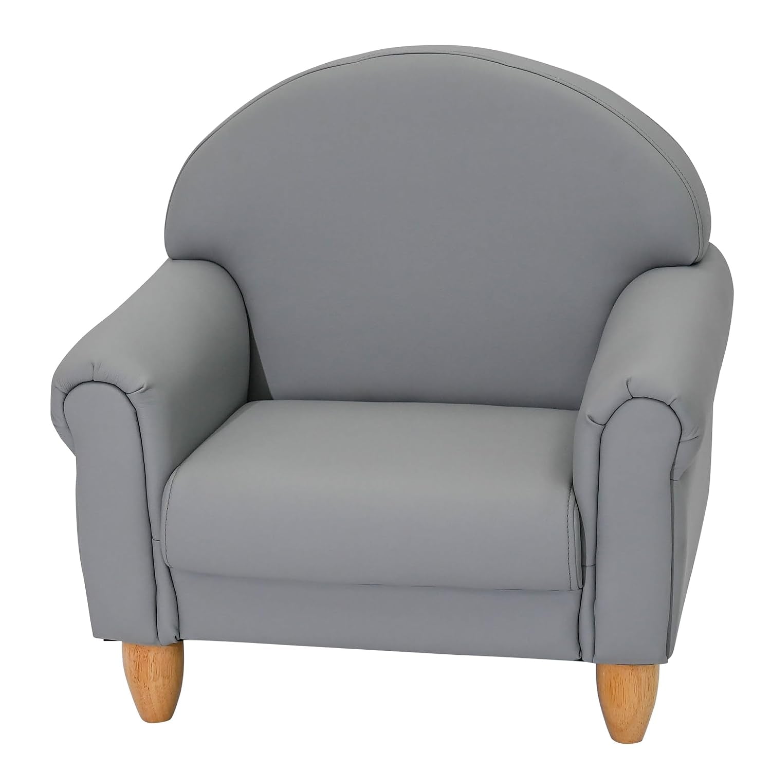 Front-facing gray kids armchair with curved back and natural wood tapered legs.