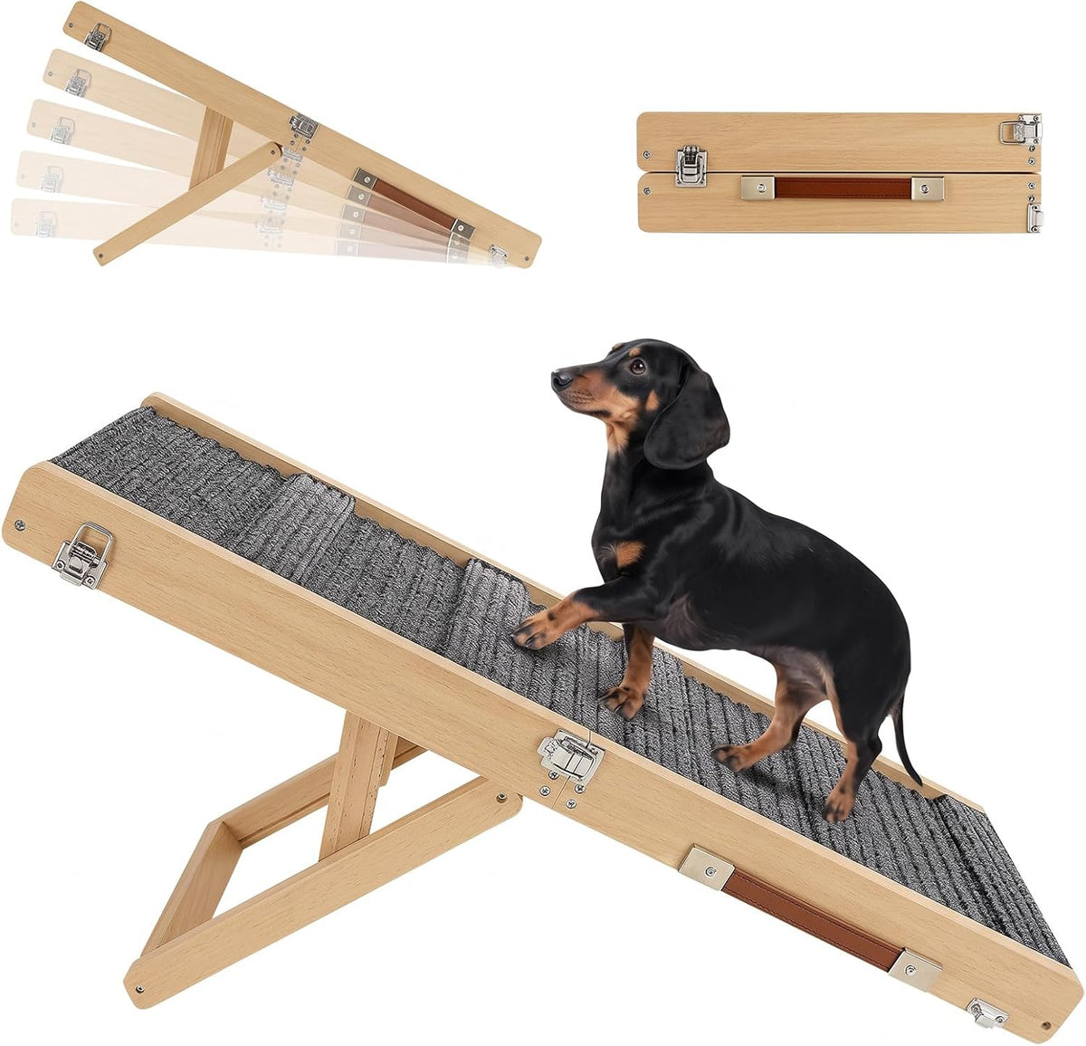 Light wood ramp shown with repeated translucent overlays of its adjustable leg and a dog on the carpeted surface