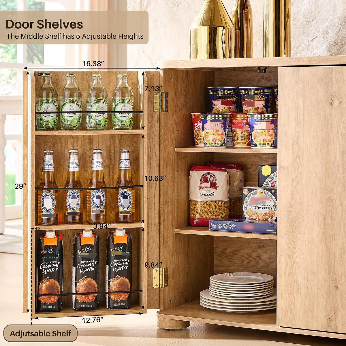 Close-up of left door interior showing three integrated door shelves and adjustable shelf measurements.