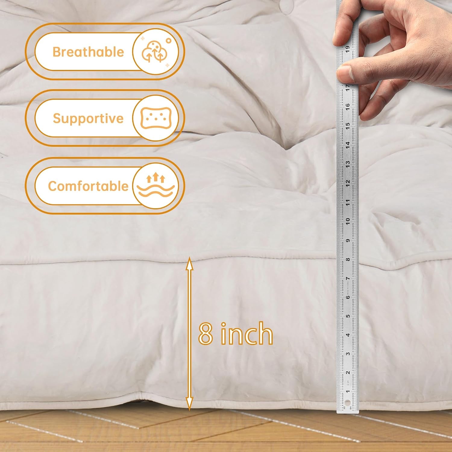 Close view of a light-colored futon edge with a ruler showing height and an overlay reading 8 inch.