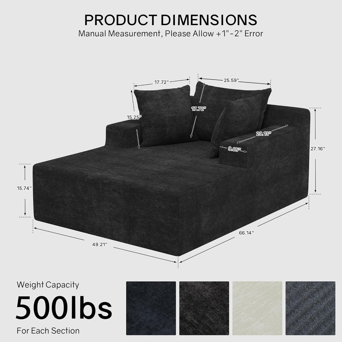 Dark grey chaise lounge rendered with dimension overlays and fabric swatches on a light background