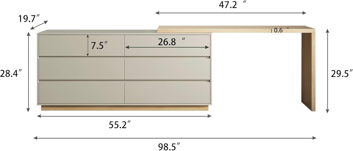 Line diagram of the dresser and desktop with arrows showing multiple width and height measurements.