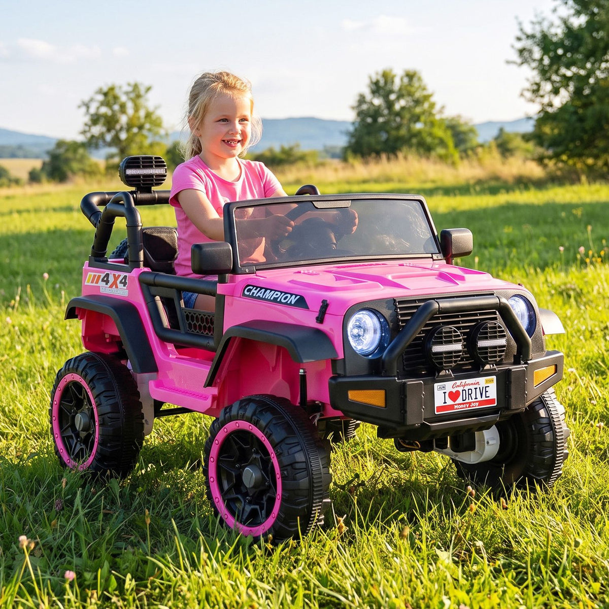 A child sits in a pink ride-on truck in a grassy field.
