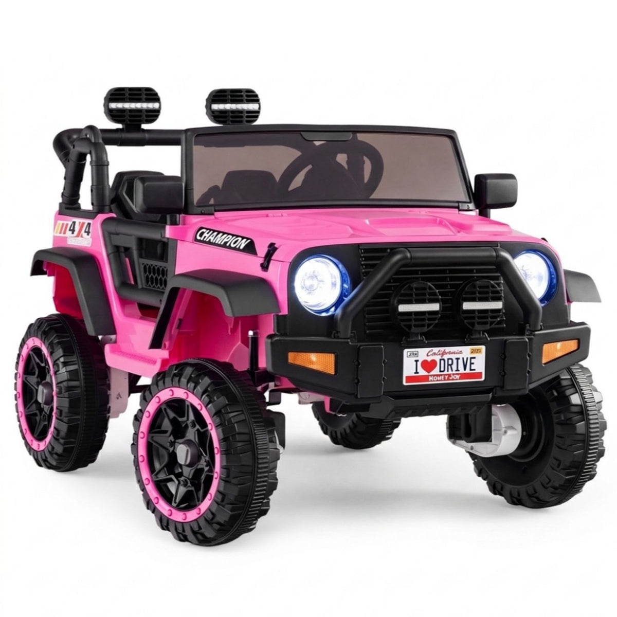 Pink ride-on truck shown alone against a white background, with its headlights lit.