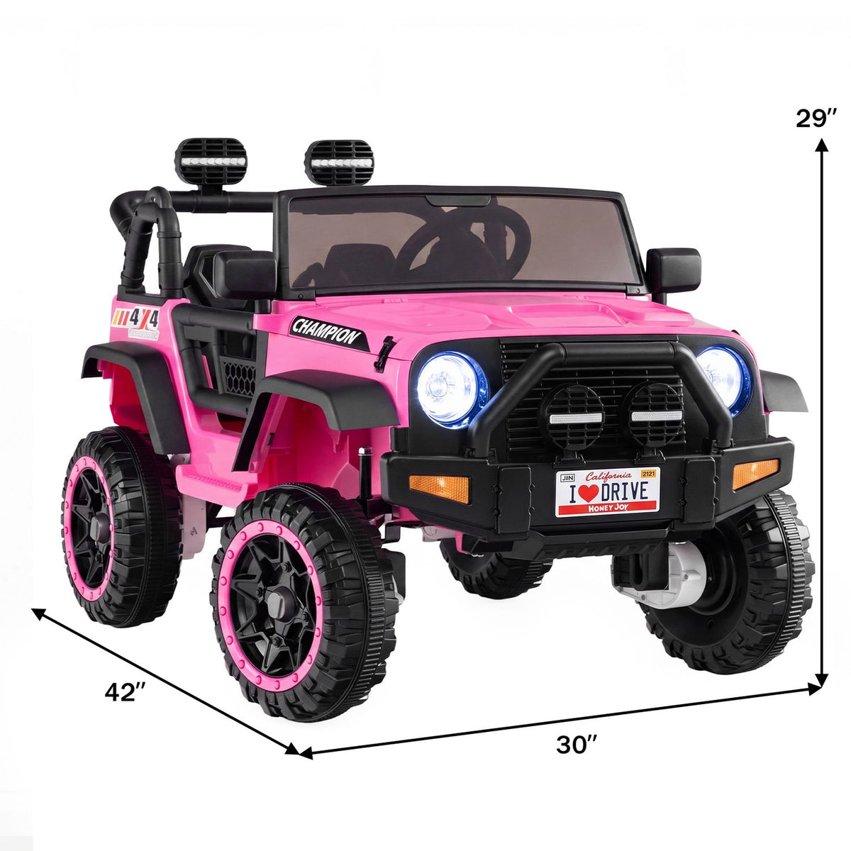 Pink ride-on truck shown with arrows marking its height, length, and width.
