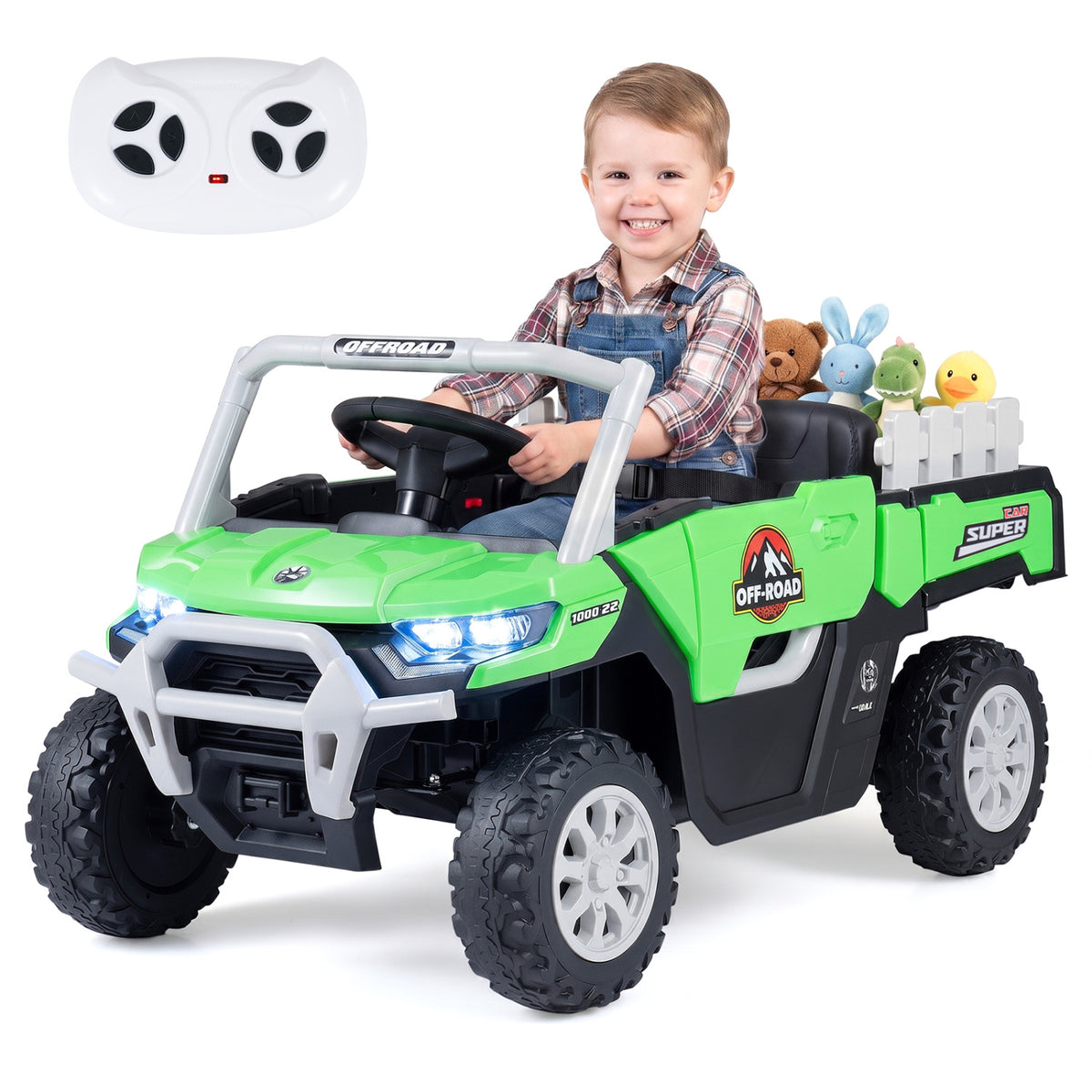 A child rides in a green truck with toys in the rear bed and a remote shown above.