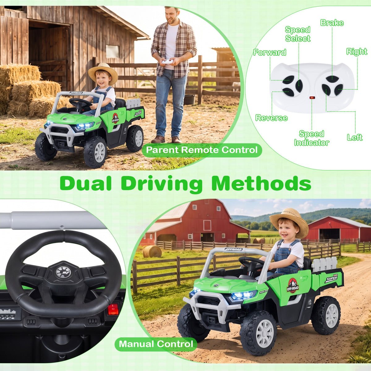 Collage showing a child driving the green truck, a handheld remote, and a close-up of its steering wheel.