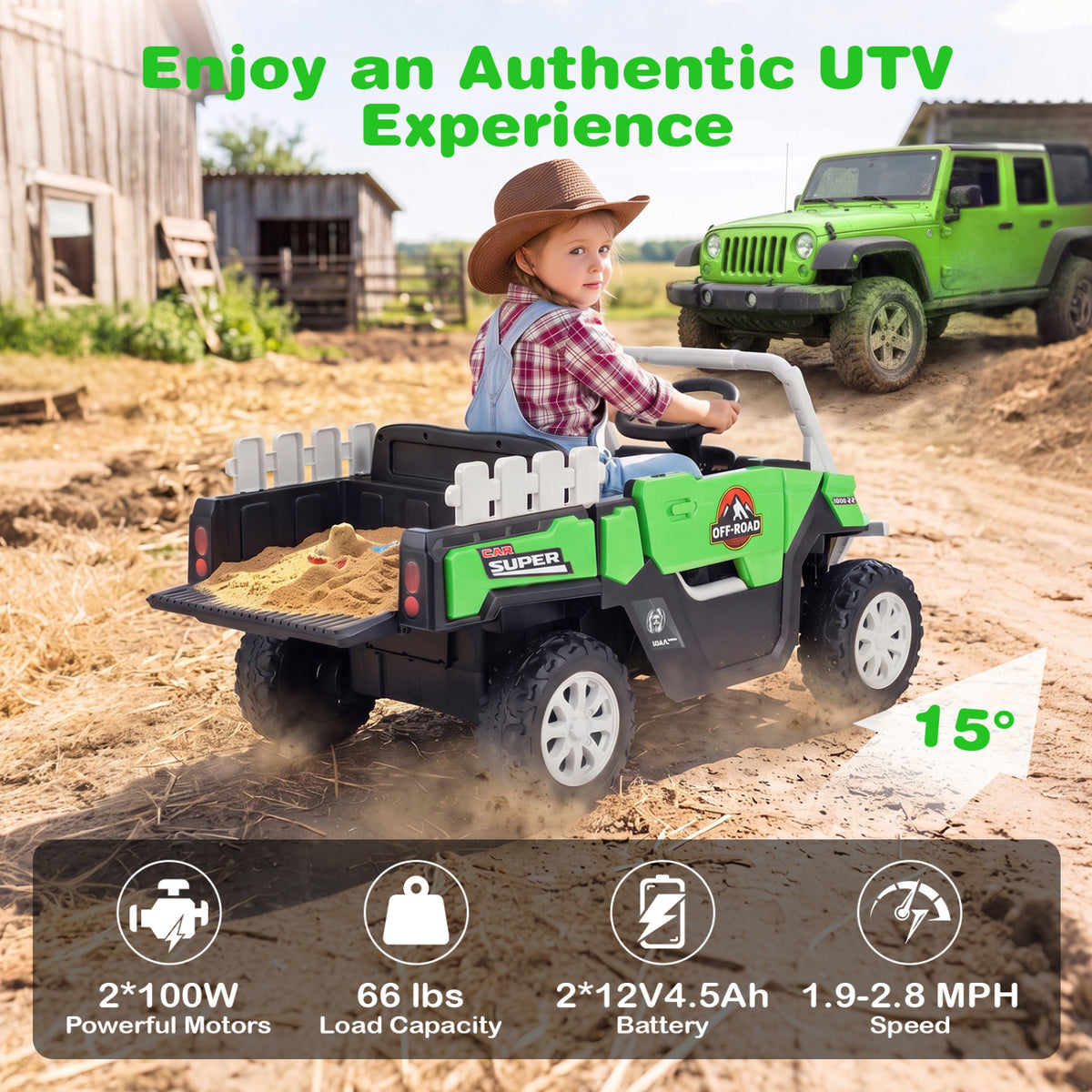 A child drives a green ride-on dump truck carrying sand across a farmyard.