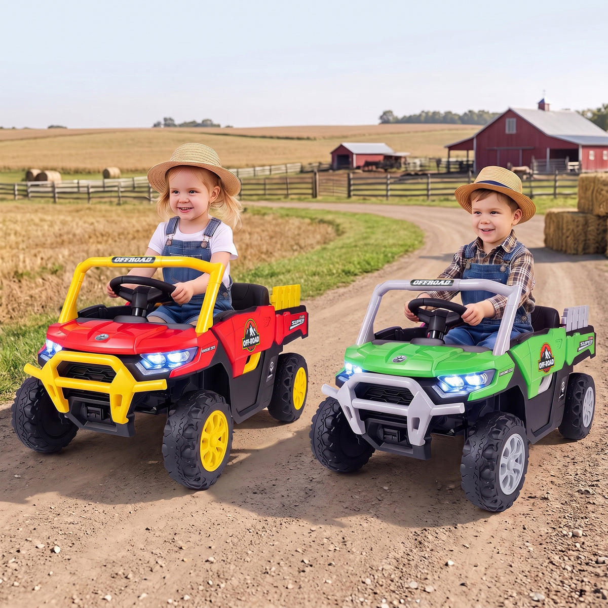 Two children sit in red and green ride-on trucks on a farm track.