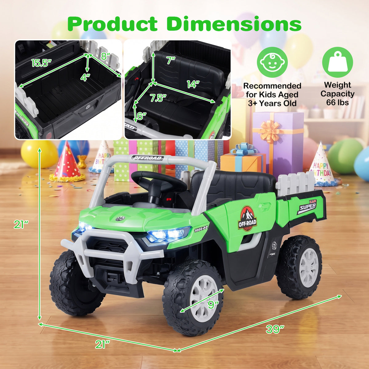 Green ride-on dump truck shown with measurement arrows and inset views of its cargo bed.