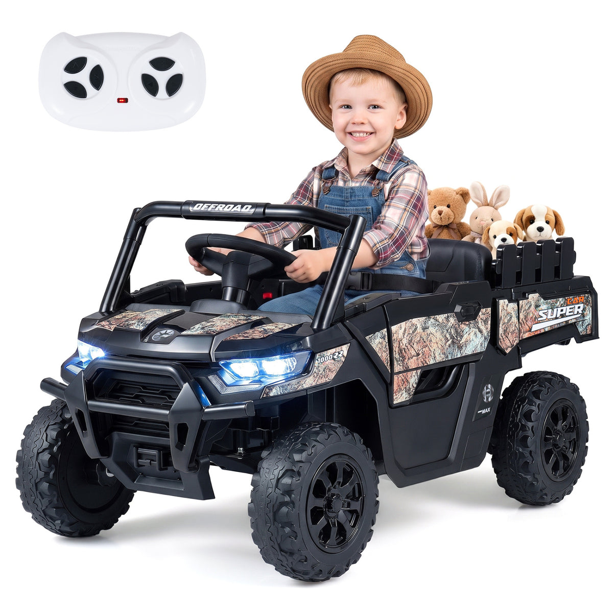 A child sits in the black ride-on truck with stuffed animals in the rear bed and a remote controller above.