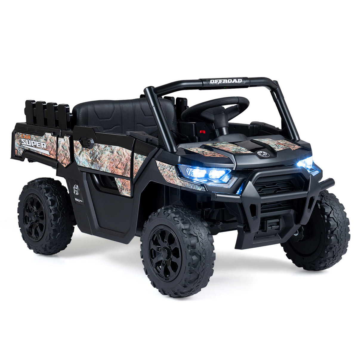 Black ride-on truck shown at an angle against a white background, with its headlights illuminated.