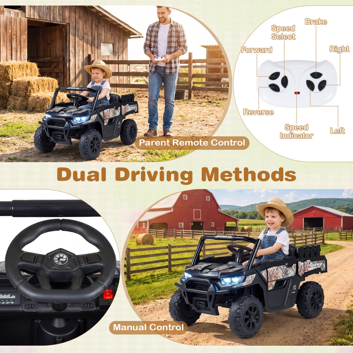 Collage shows a child driving the truck, an adult holding its remote, and close-ups of the remote and steering wheel.
