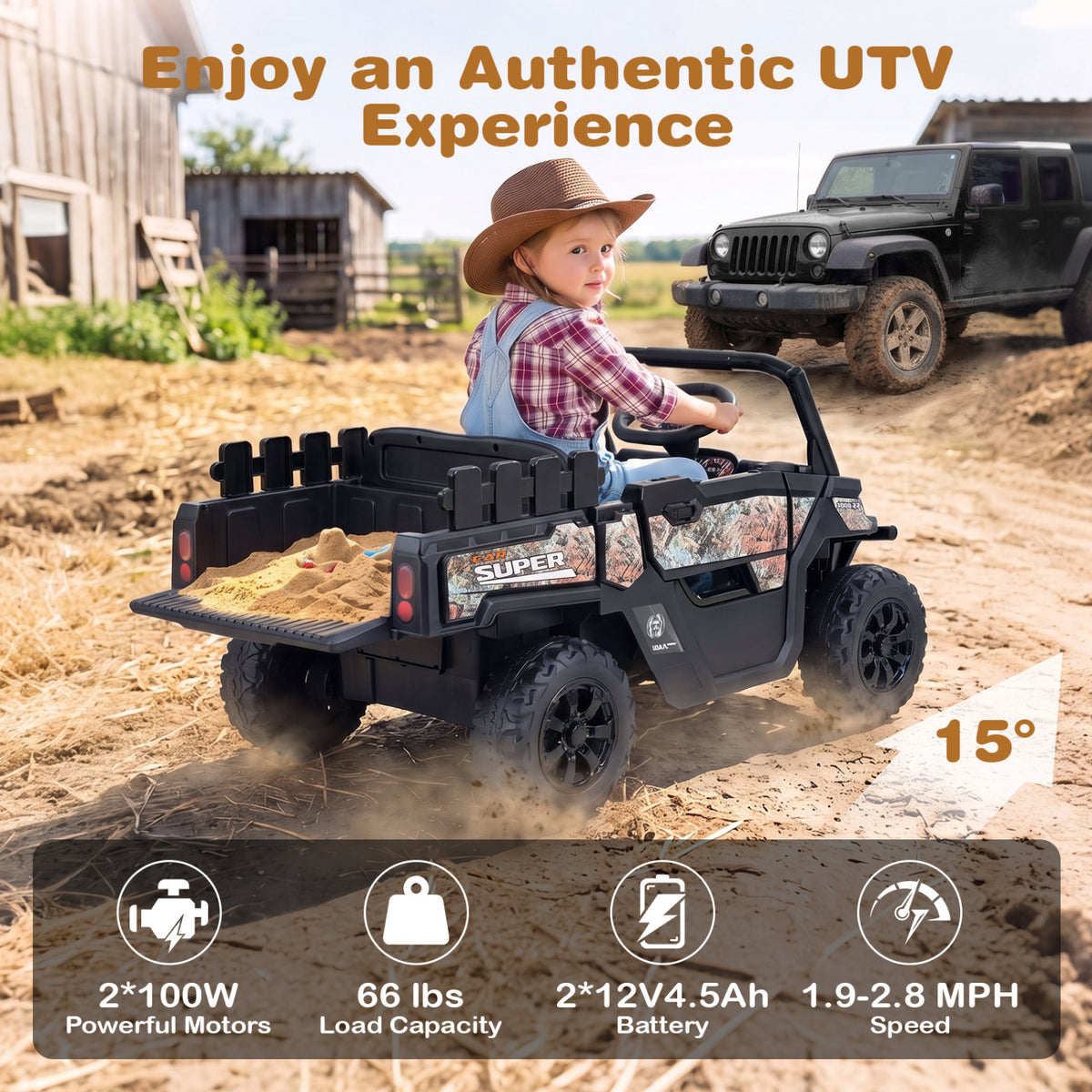 Child in a hat drives a black ride-on dump truck across a dirt yard, with a dark SUV in the background.