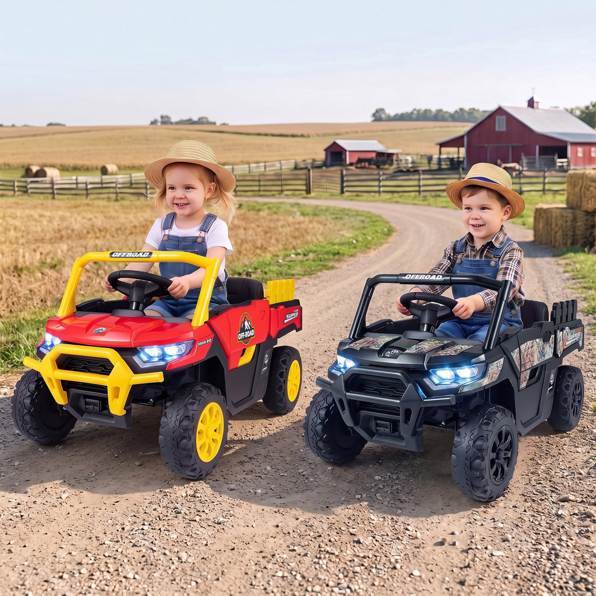 Two children drive a red and a black ride-on truck along a farm lane.