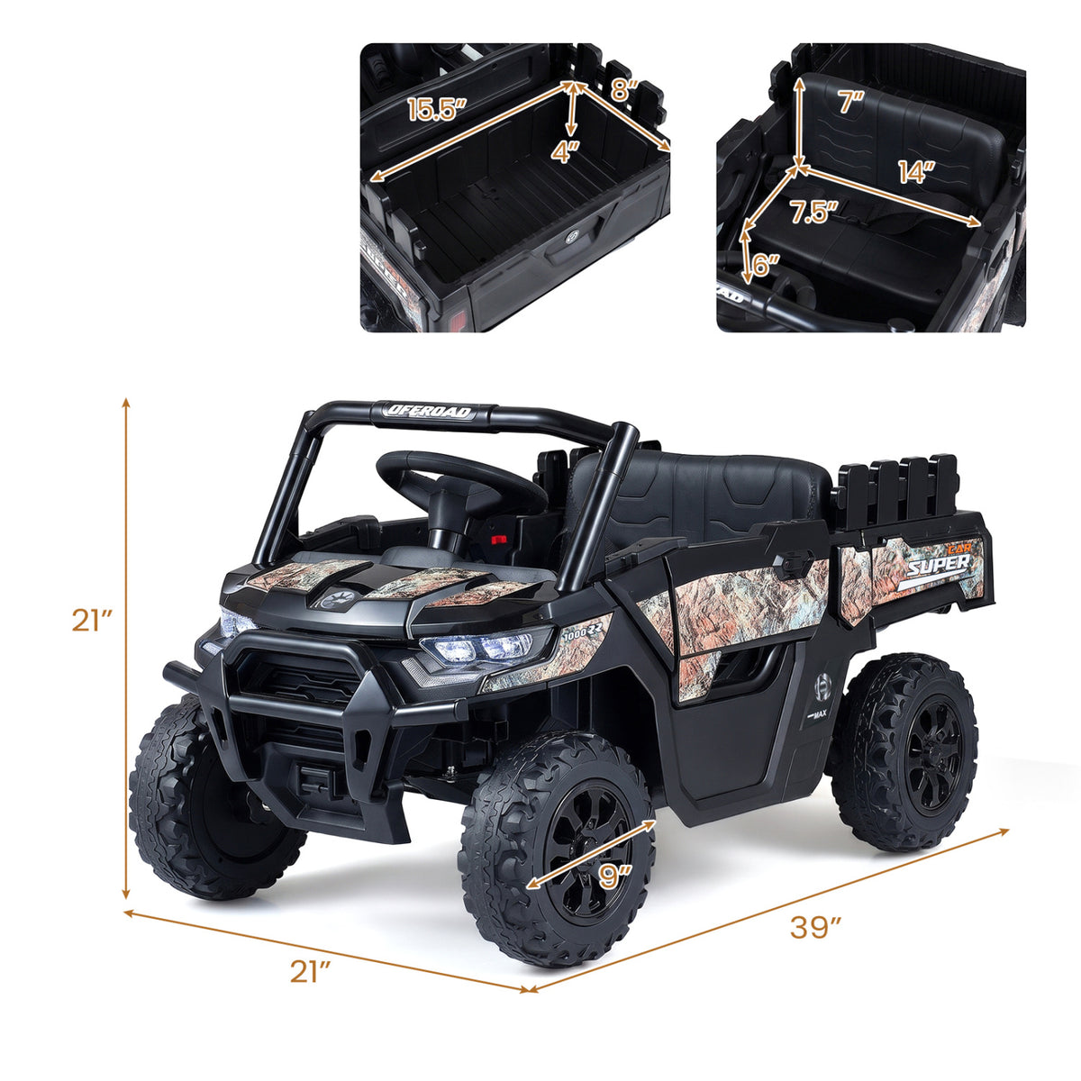 Black ride-on dump truck shown with close-up views of its cargo bed and seat, with measurement lines.