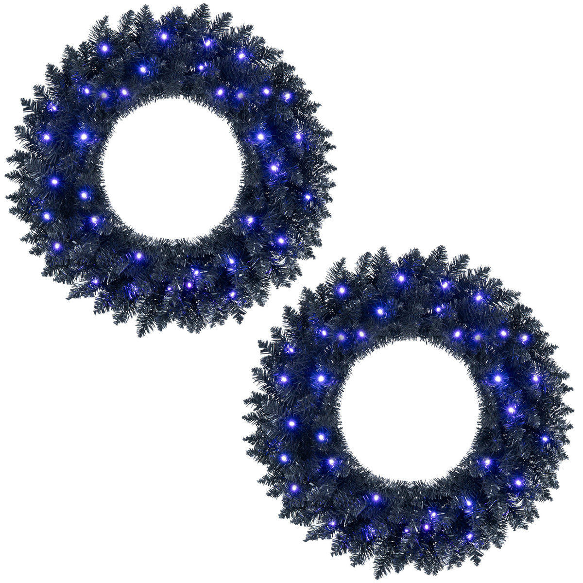 Two leafy wreaths with glowing blue lights shown against a white background.