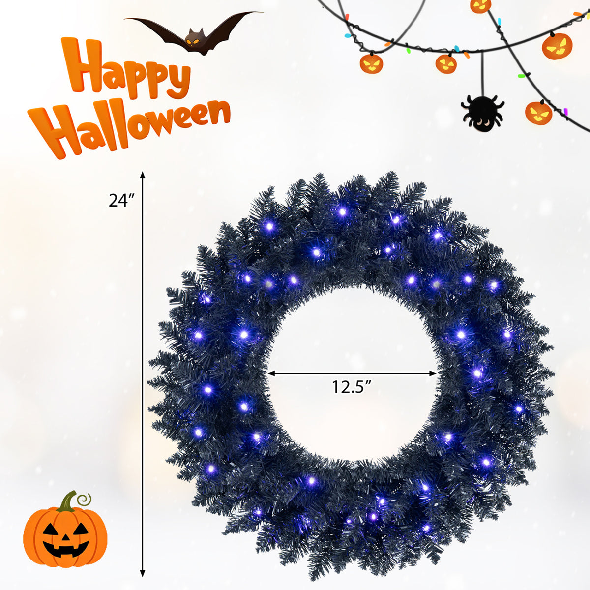 Dark wreath glowing with purple lights, shown against a Halloween-themed background with arrows marking its outer and inner