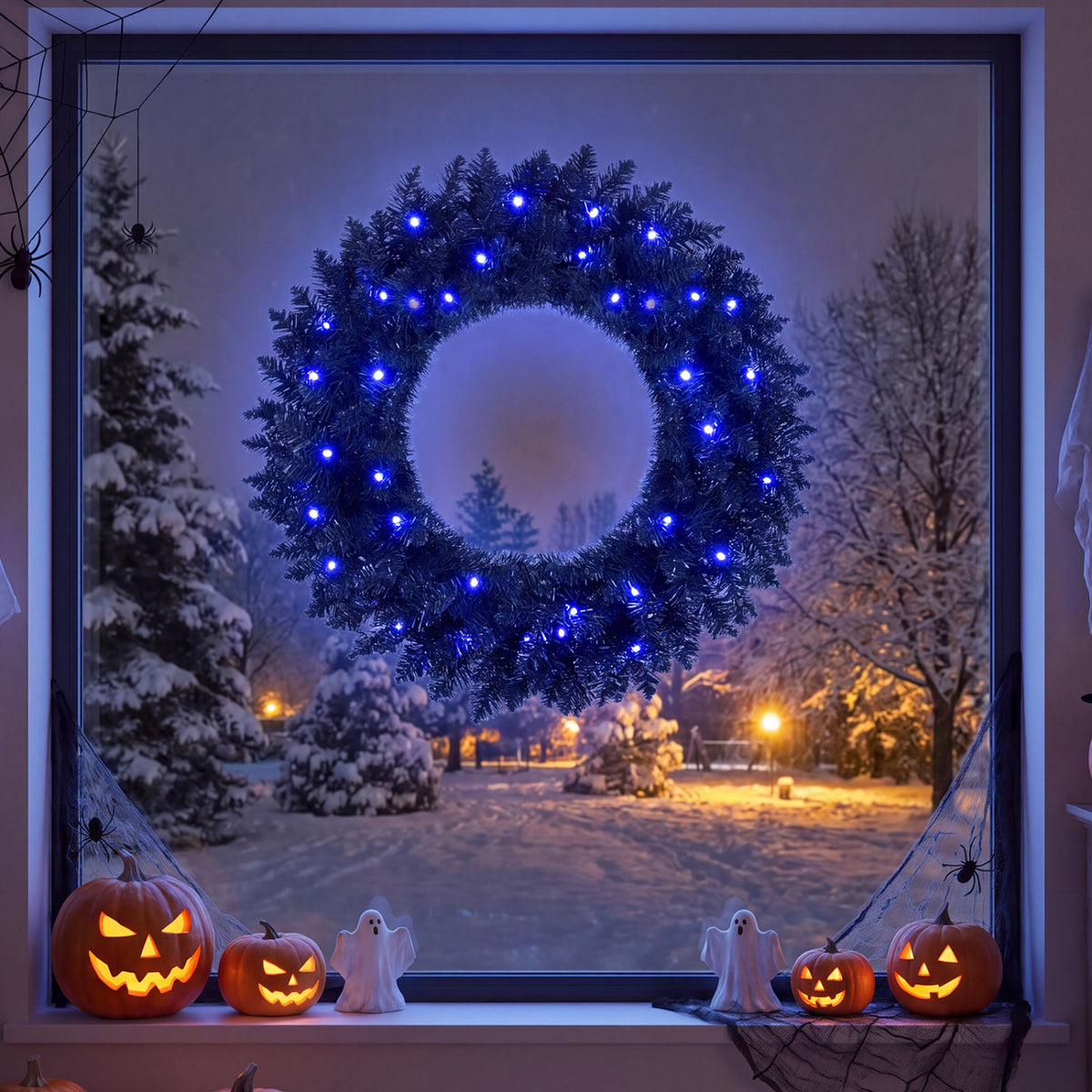 Purple-lit wreath hanging in a window above a snowy nighttime scene, with pumpkins and ghost decorations on the sill.