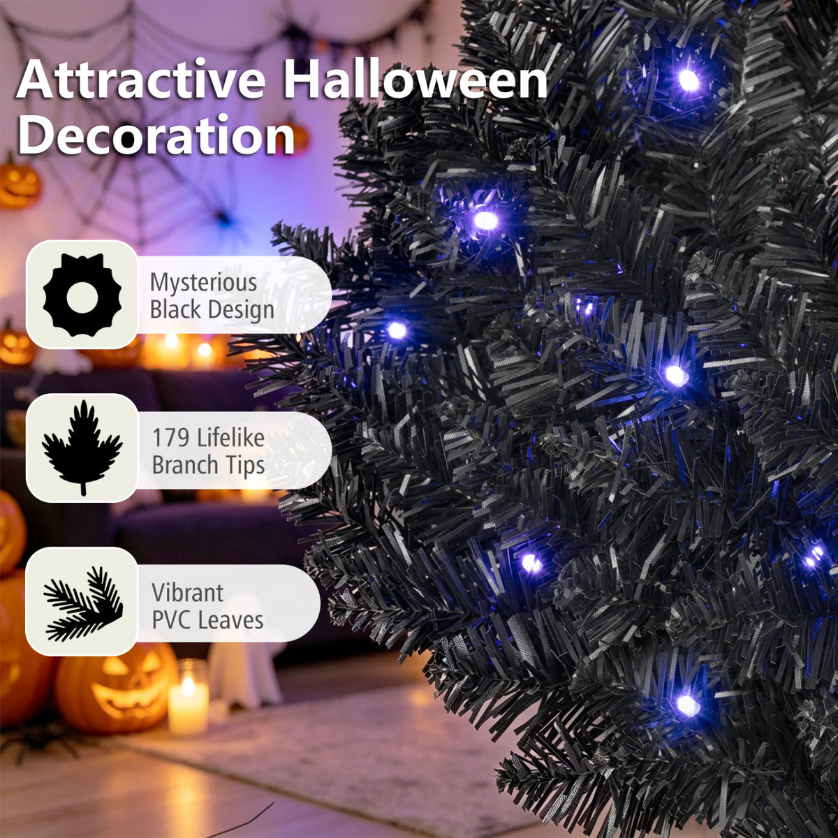 Close-up of dense dark branches and glowing purple lights, with a softly blurred Halloween scene behind.