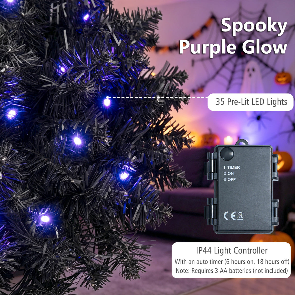 Close-up of purple lights among dark branches beside a small black controller against a Halloween-themed background.