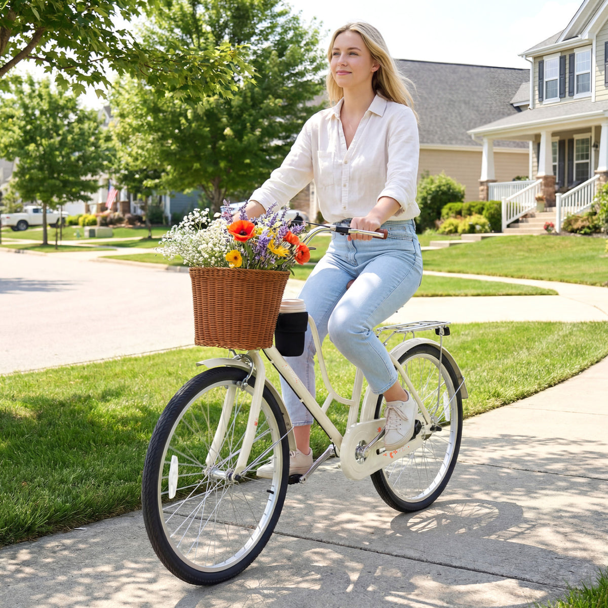A woman rides a cream cruiser bike with flowers in its woven basket on a sunny suburban street.