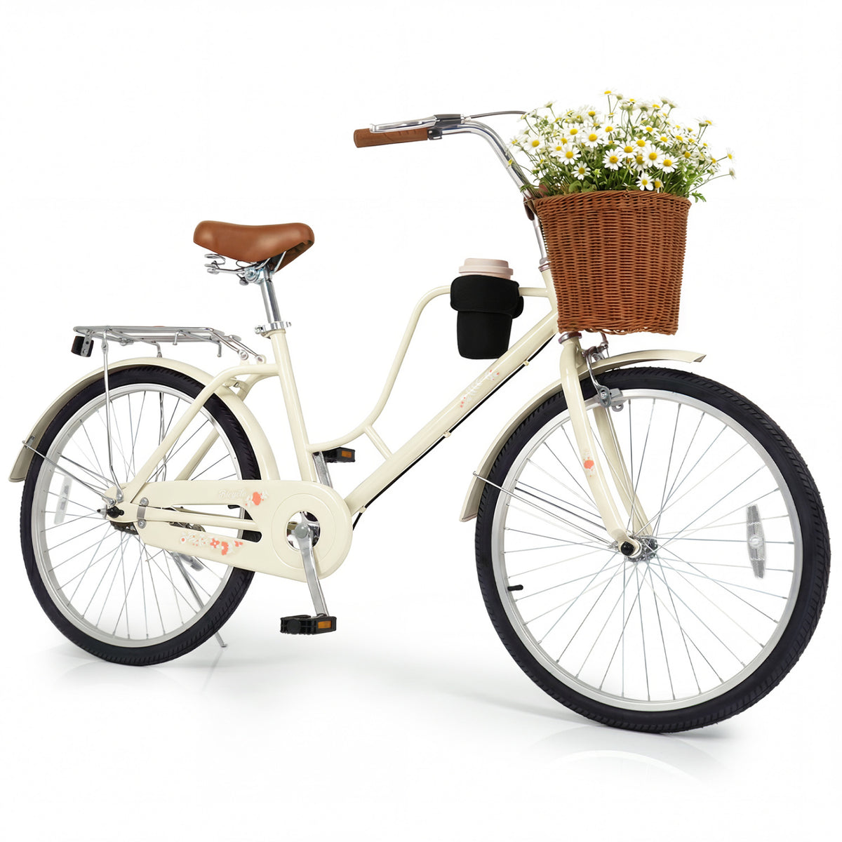 Cream cruiser bike shown in profile against a white background, with a woven basket and black cup holder.