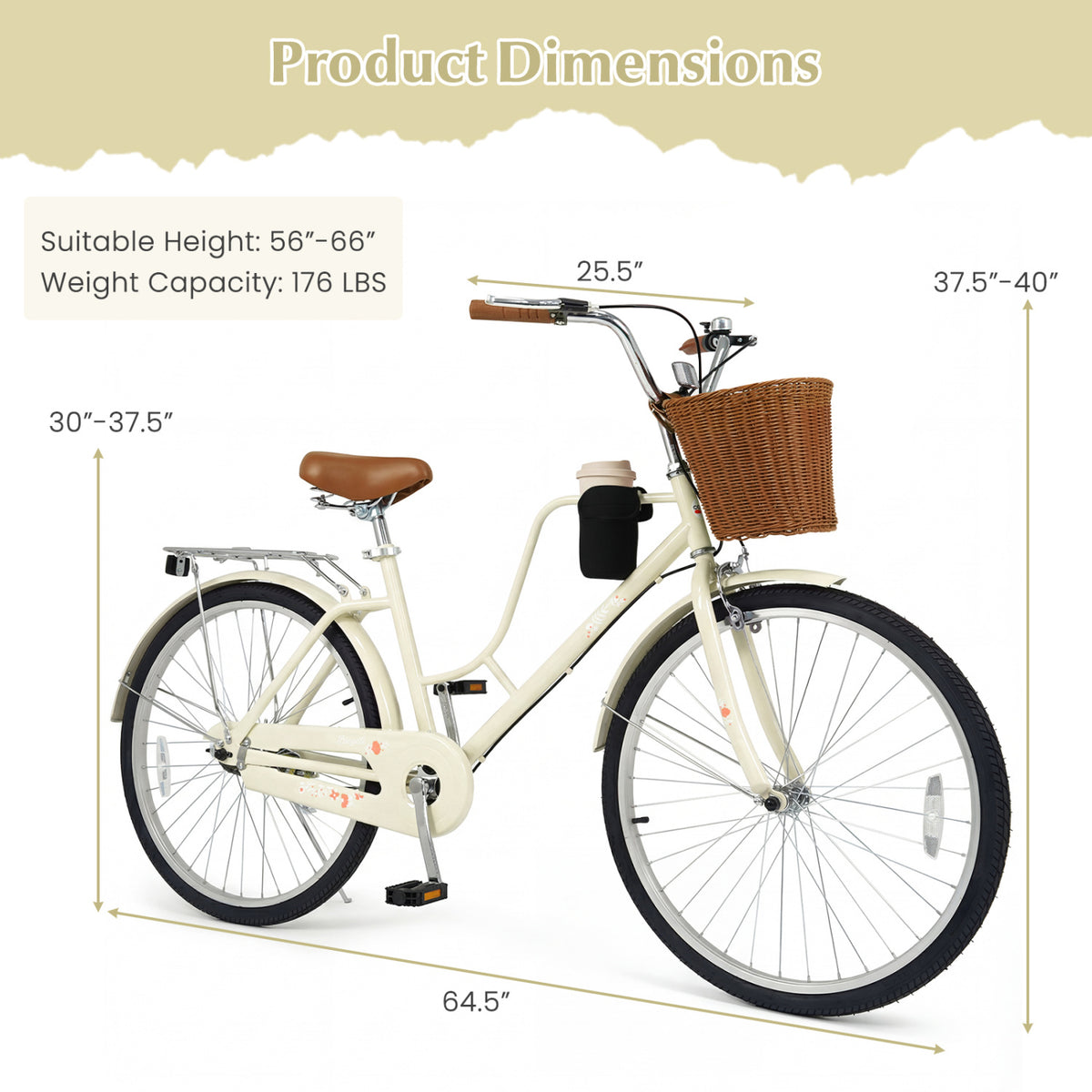 Cream cruiser bike pictured with dimension arrows and a height and weight information panel.