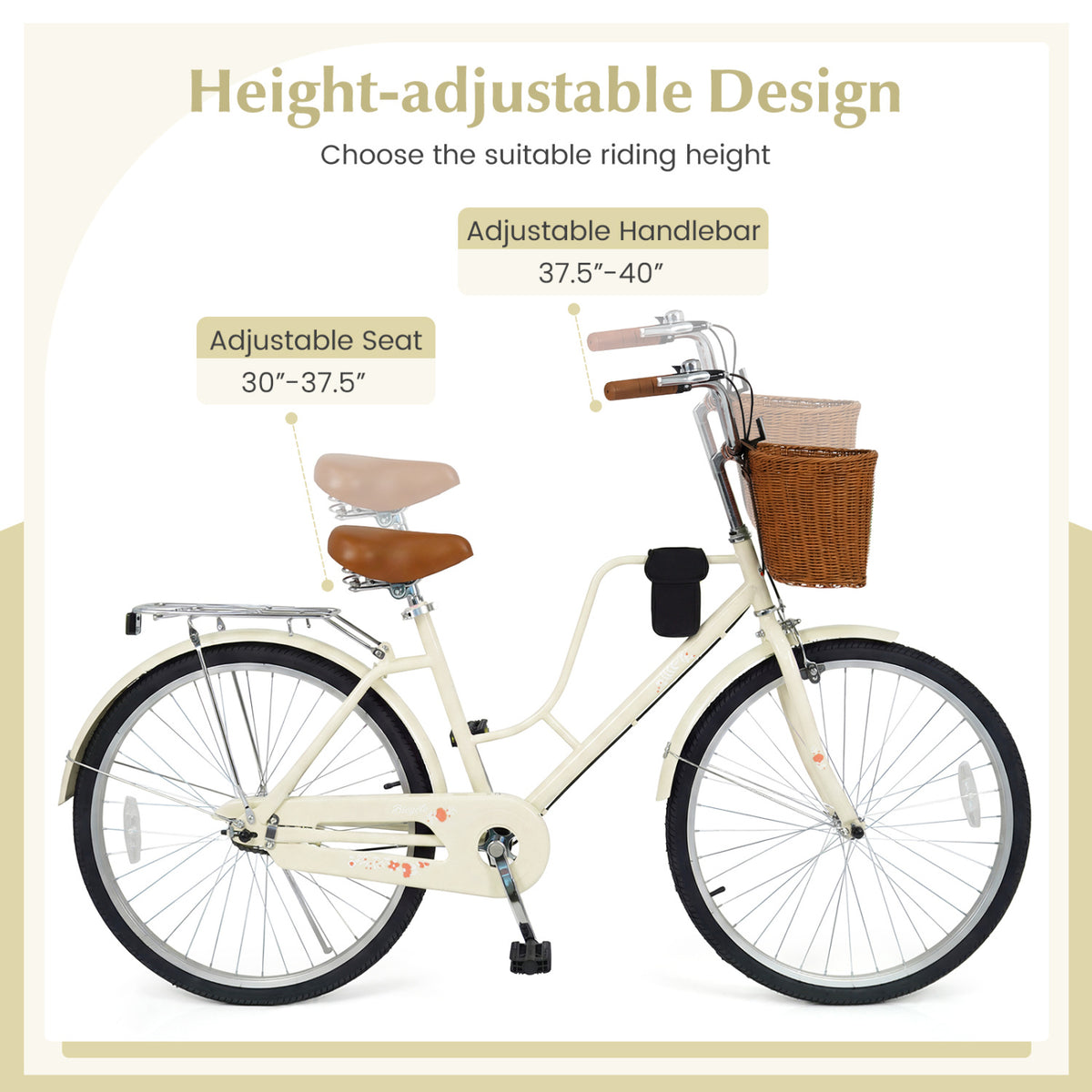 Side view of a cream cruiser bike with its woven basket and cup holder, alongside adjustable seat and handlebar