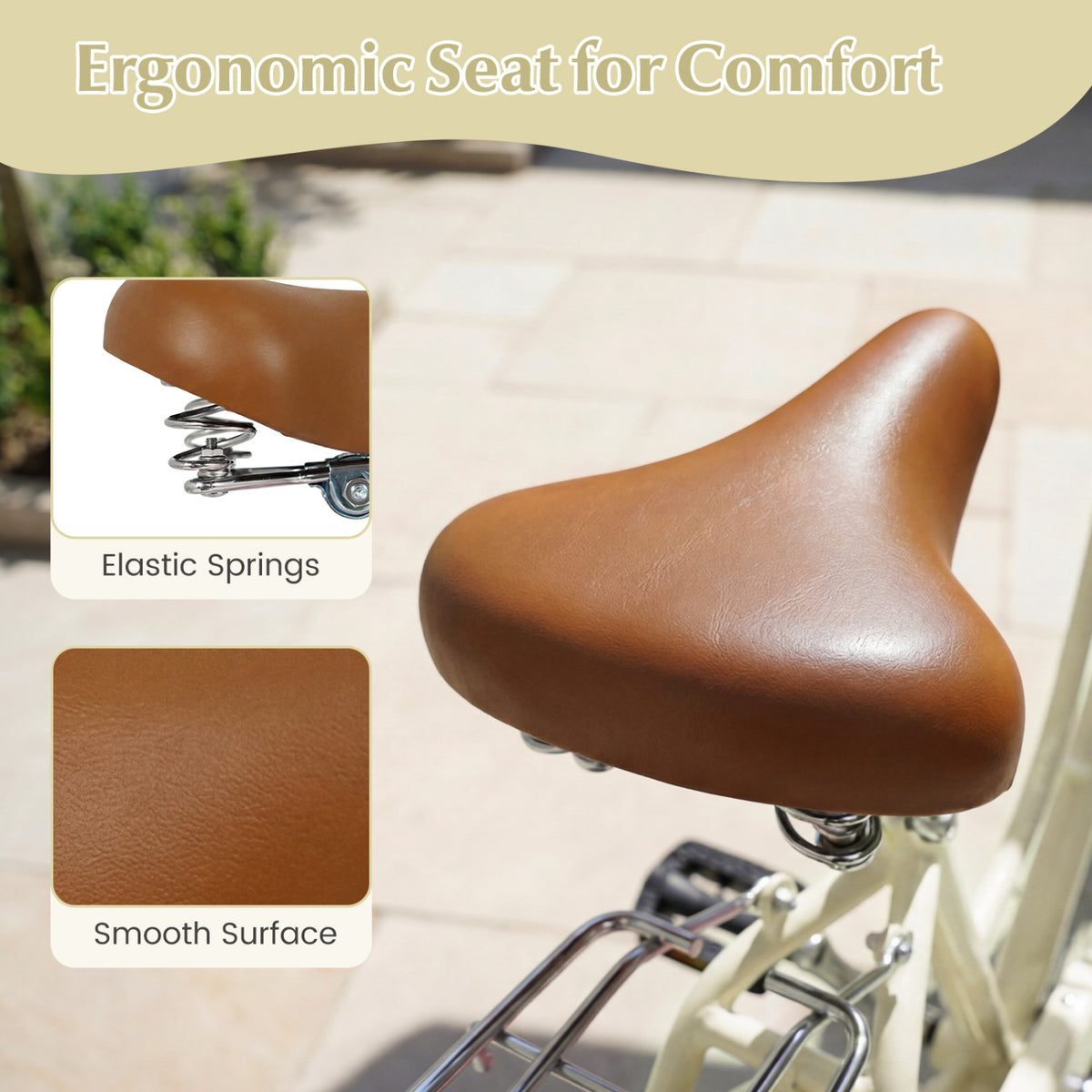 Close-up of the brown bicycle seat, with inset views of its coiled springs and smooth surface.