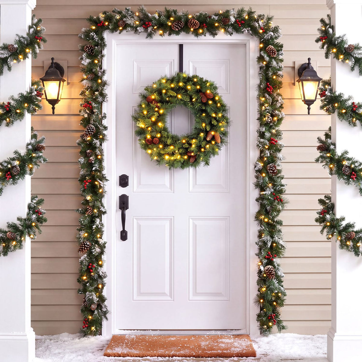 Set of 2 24 Inch Pre-Lit Artificial Christmas Wreath for Front Door Battery Operated