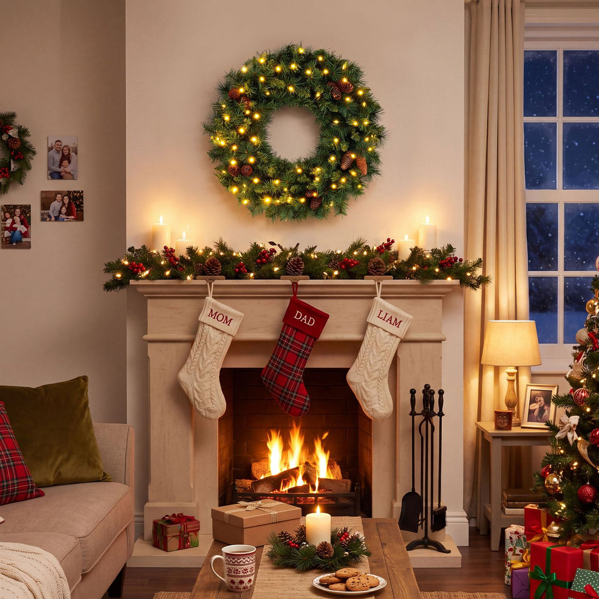 Set of 2 24 Inch Pre-Lit Artificial Christmas Wreath for Front Door Battery Operated