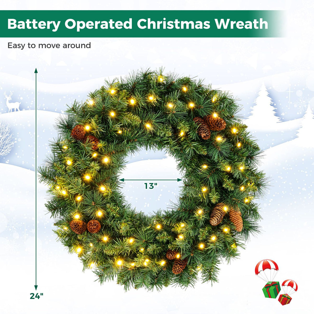 Set of 2 24 Inch Pre-Lit Artificial Christmas Wreath for Front Door Battery Operated