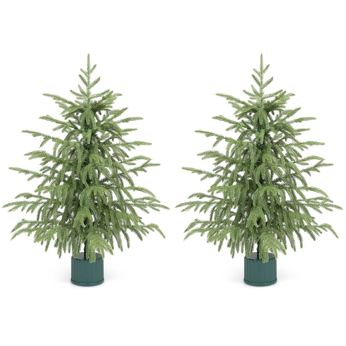 Two matching unlit green tabletop trees with dark green bases against a white background.