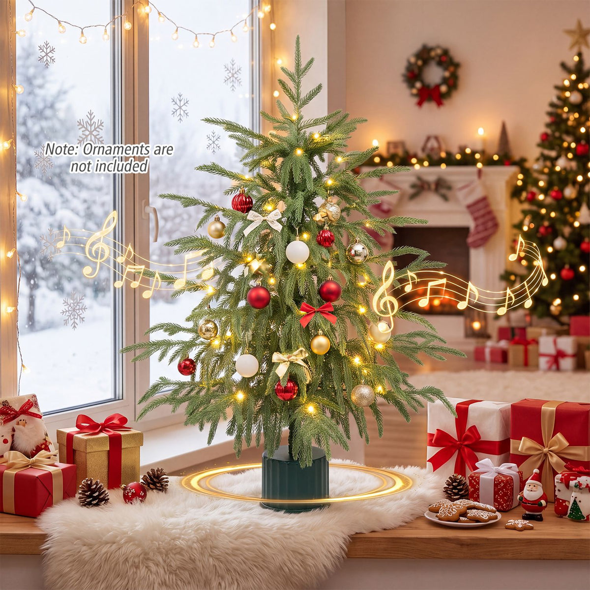 Lit tabletop tree decorated with colorful ornaments beside wrapped gifts, with musical notes illustrated around it.