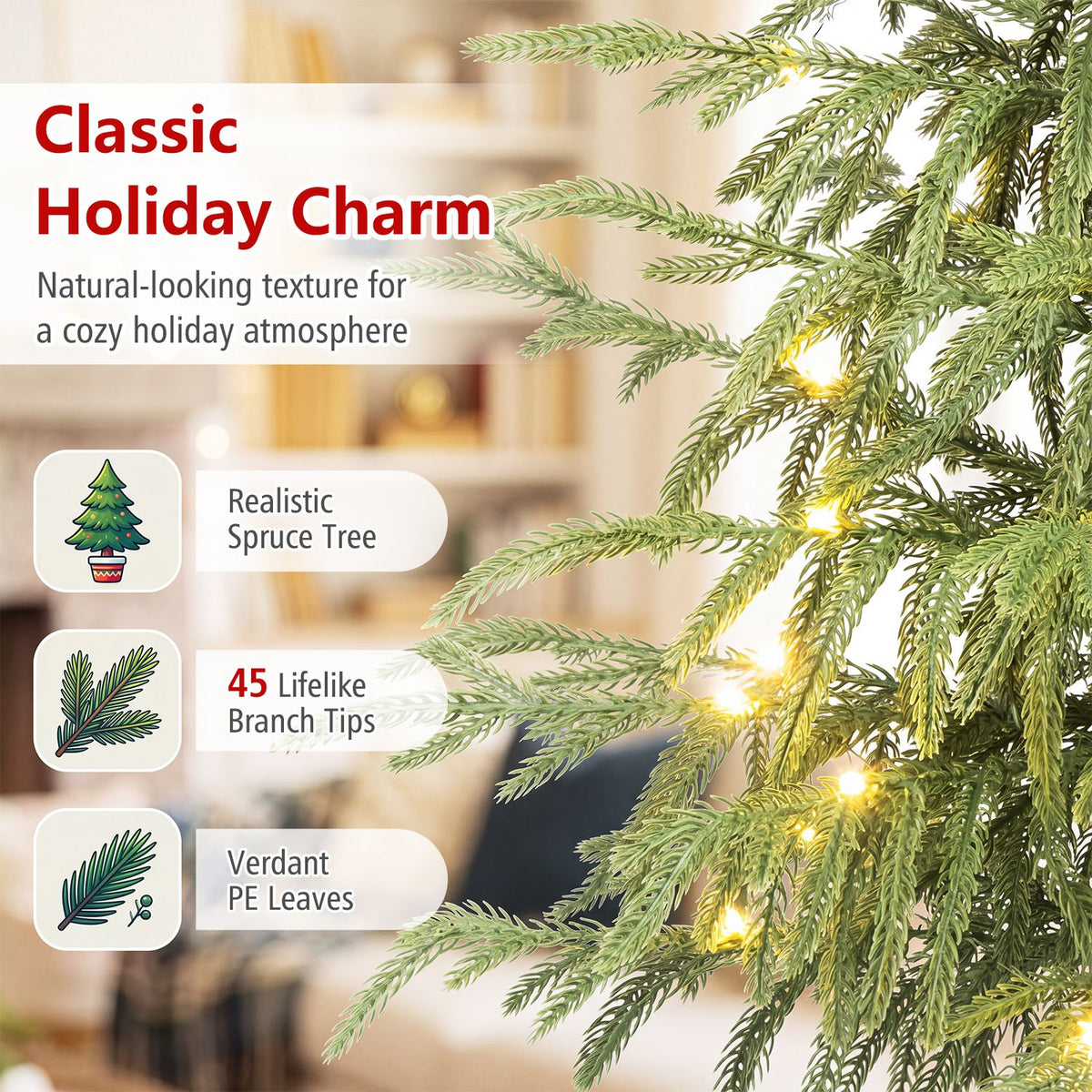 Close view of illuminated evergreen branches, with small illustrations of the tree and its branch styles.