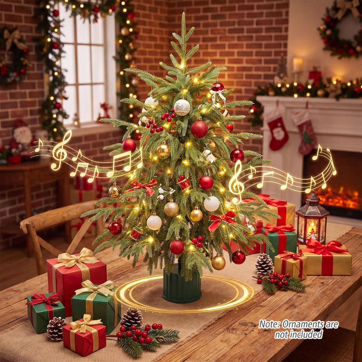 Decorated tabletop tree with glowing lights, gifts, and musical-note graphics around its base.