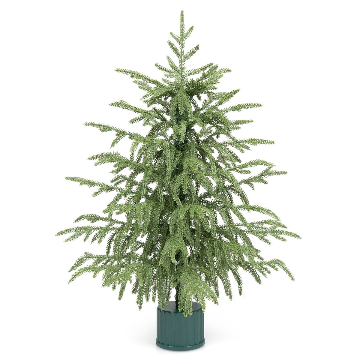 Undecorated green tabletop tree in a ribbed teal base against a white background.