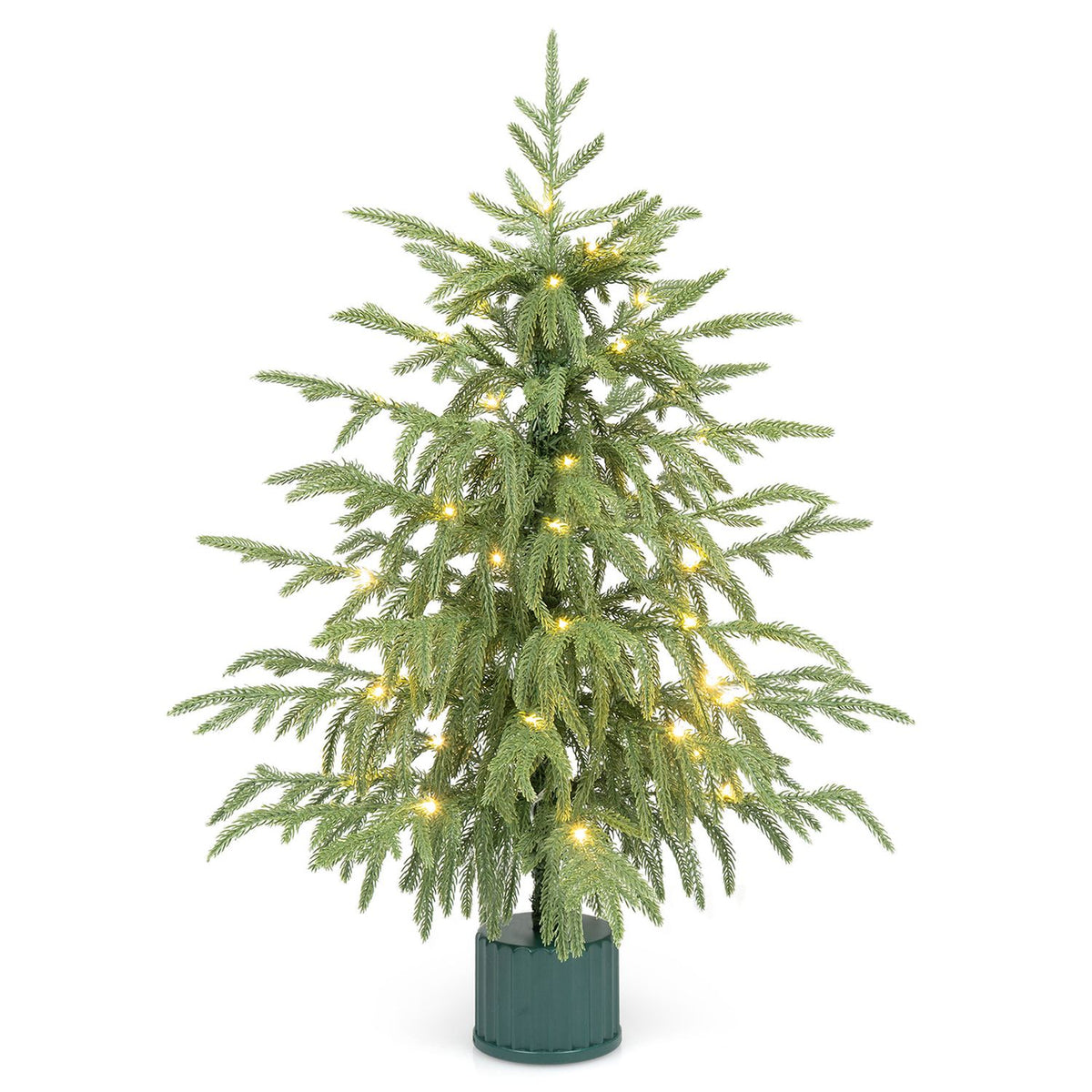 Green tabletop tree with warm lights glowing among its branches, shown in a teal base.