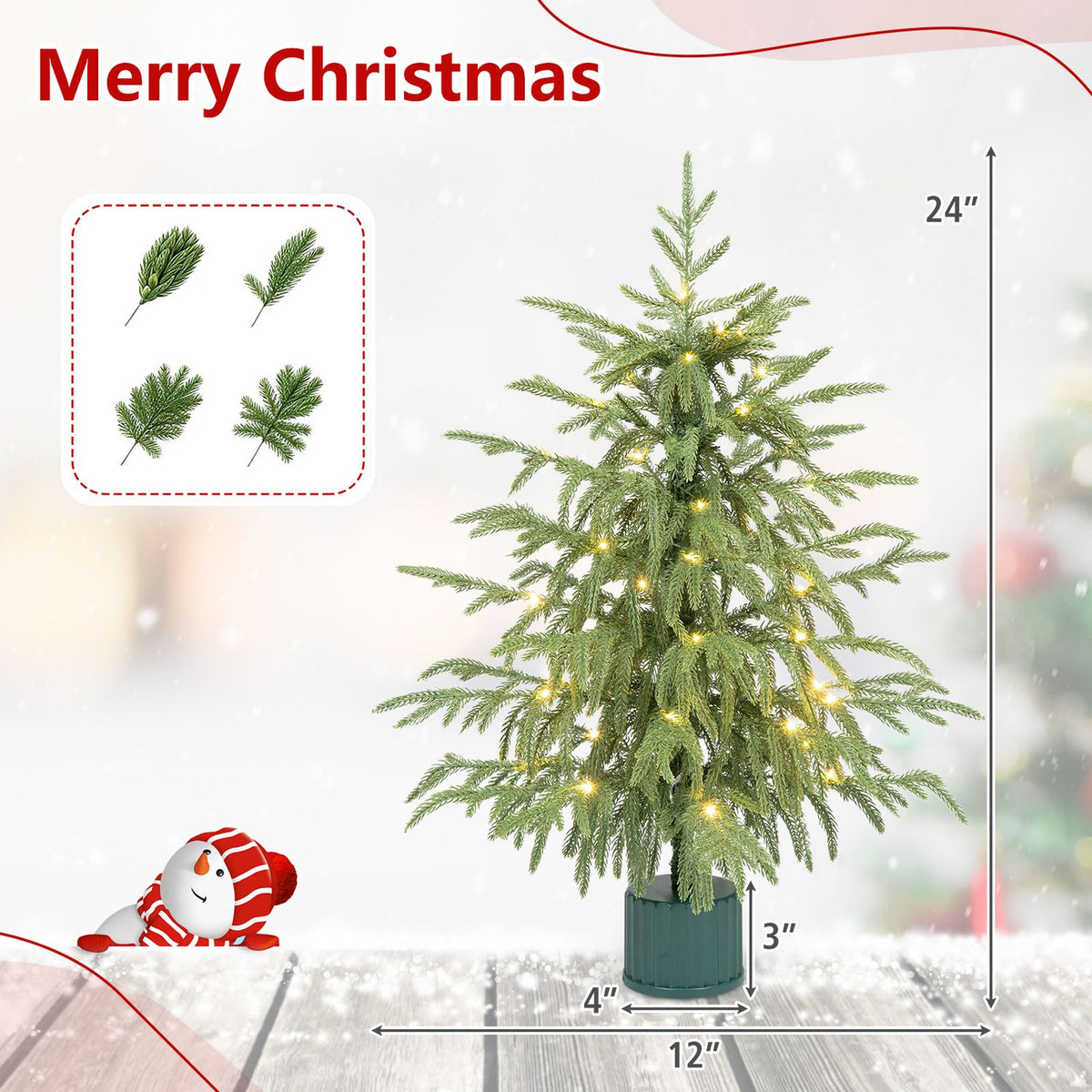 Lit tabletop Christmas tree in a green base, shown with measurement arrows and small branch-tip examples.