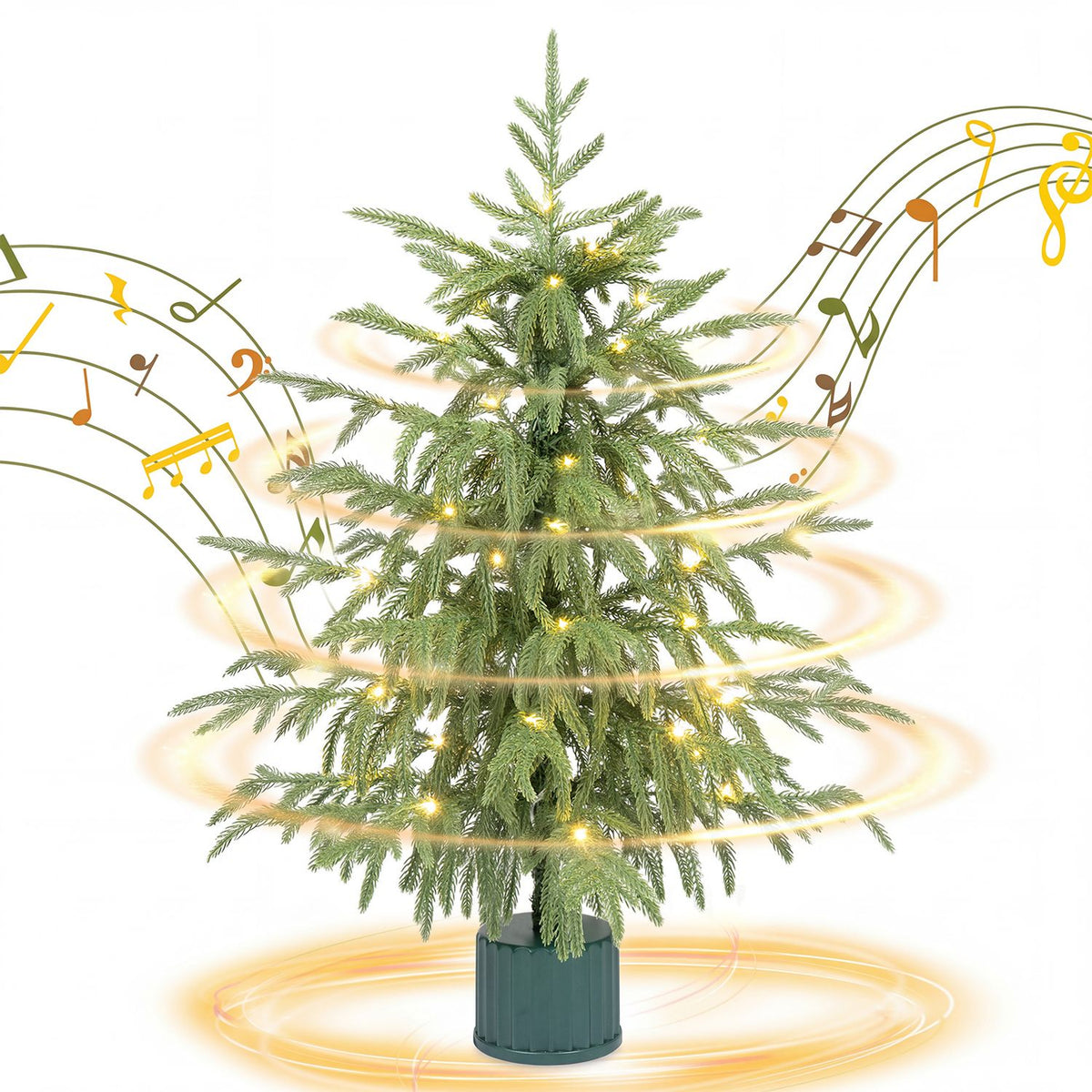 Lit tabletop Christmas tree in a green base surrounded by glowing musical notes and golden light trails.
