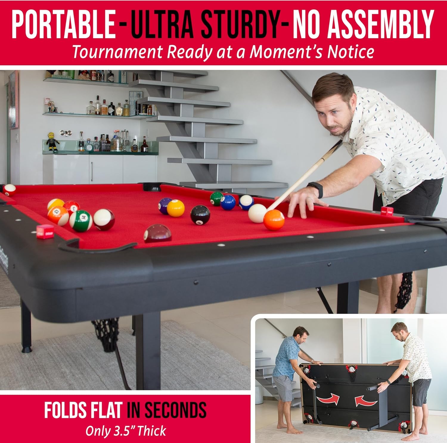 Player taking a shot at a red-felt pool table shown from a side angle with foldable legs visible