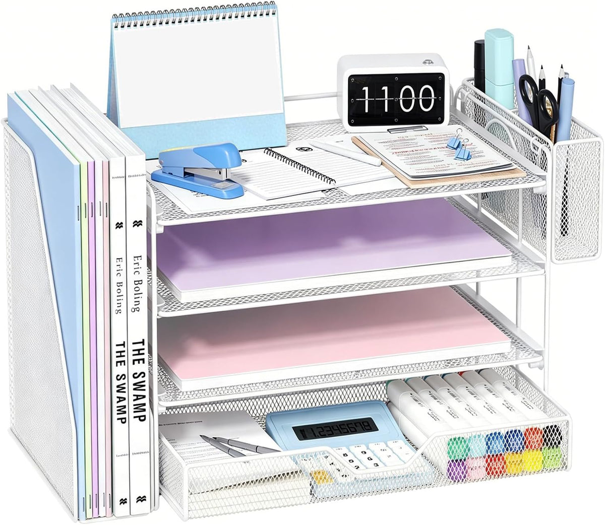 White mesh 4-tier file sorter shown with notebooks, calculator and pen cup attached at side