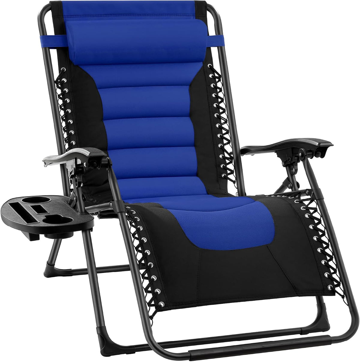 Blue padded zero-gravity recliner front view with black frame and cup-and-phone side tray.